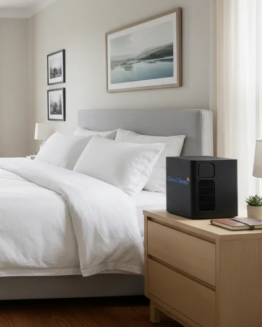 Good Sleep cooling topper and hub beside a bed